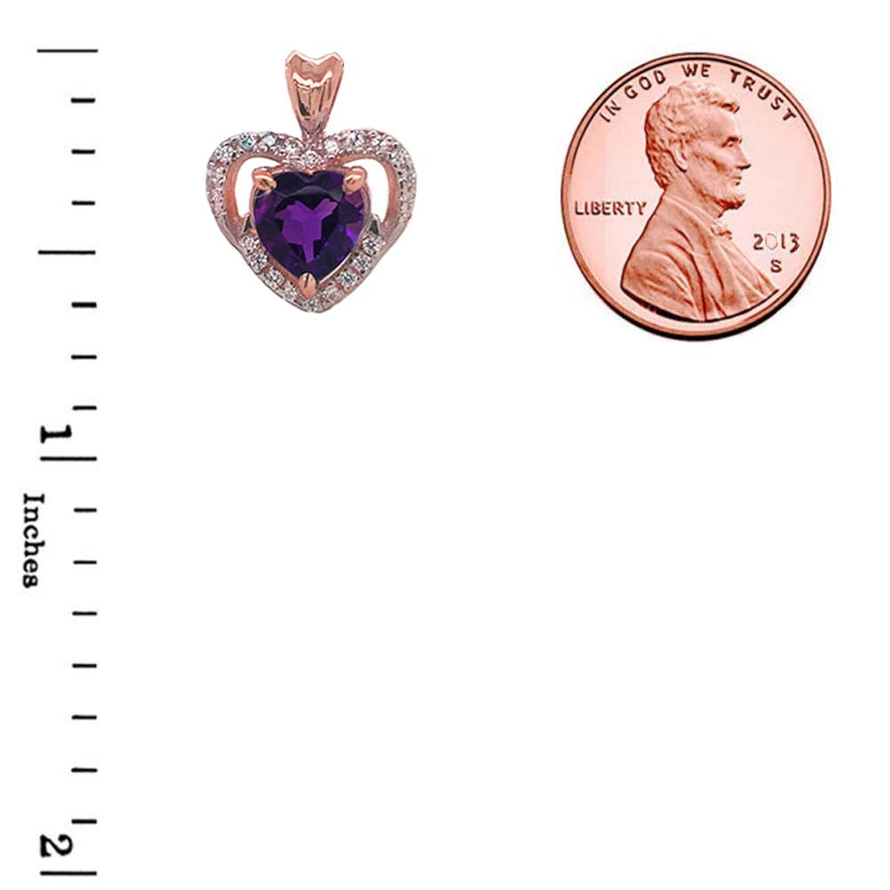 Solitaire Amethyst and Diamond Heart Charm Pendant Necklace in Gold, view 9