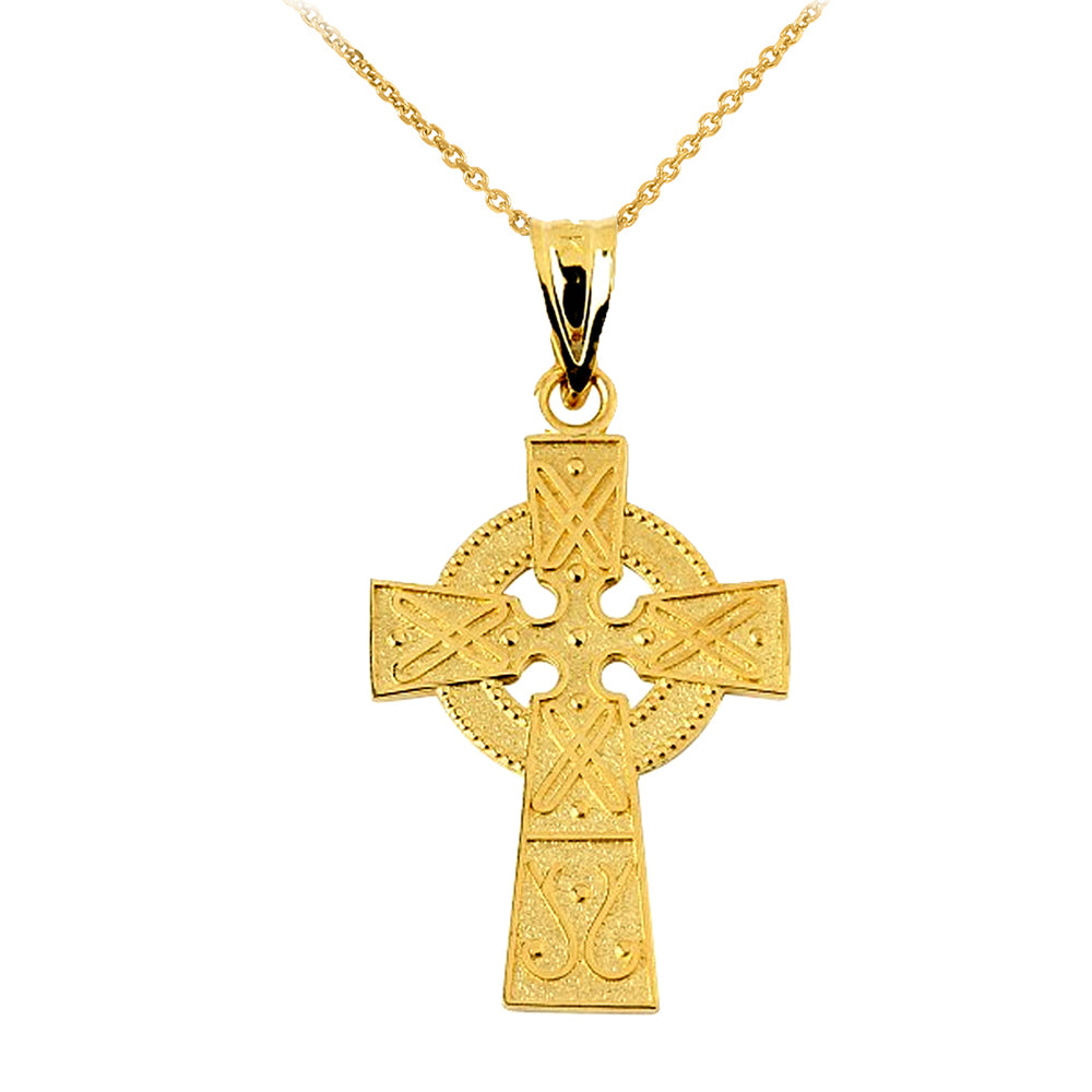 Solod Gold Yellow Celtic Charm Gaelic Cross Pendant Necklace