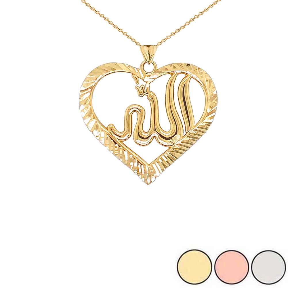 Sparkle-cut Allah Open Heart Pendant Necklace in Gold