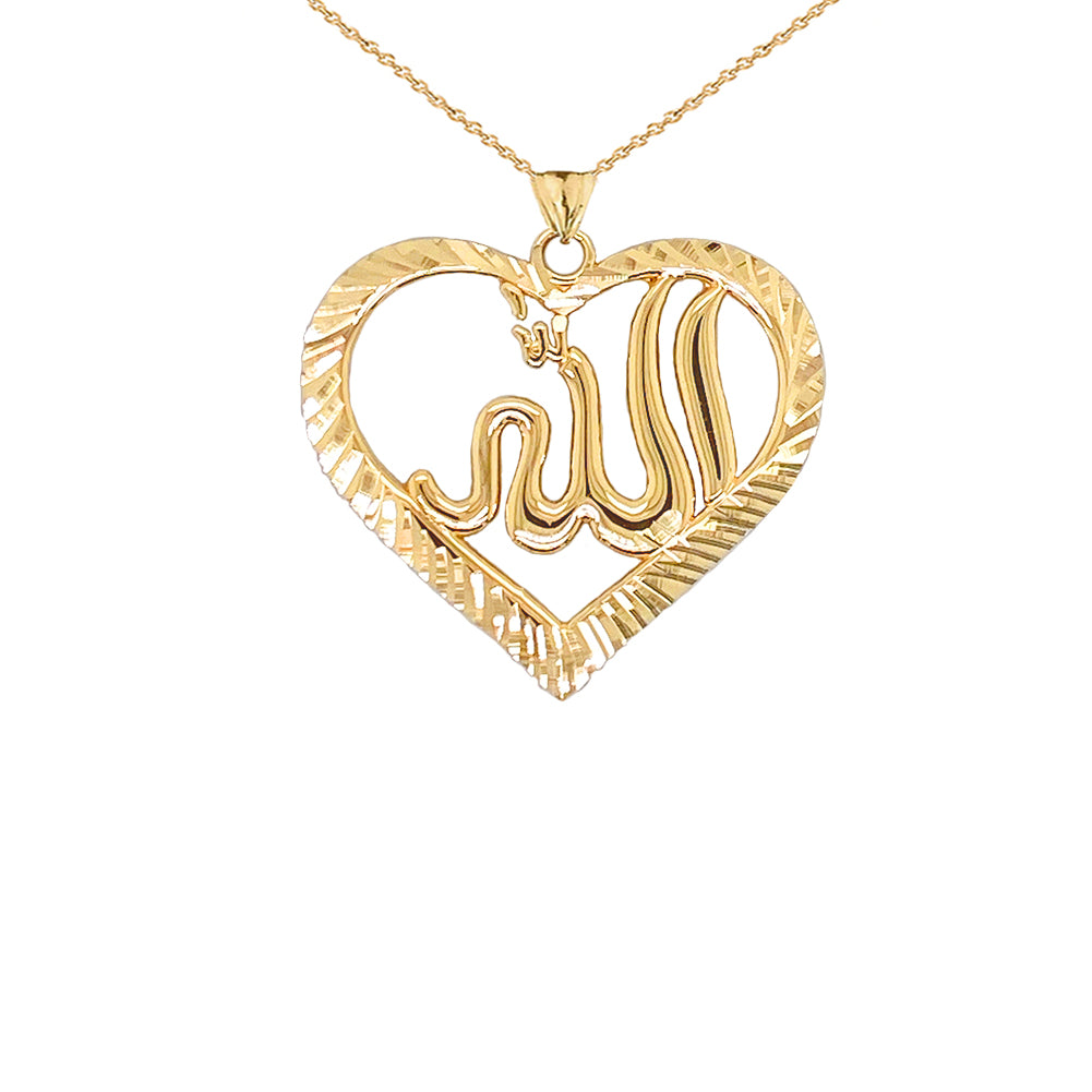 Sparkle-cut Allah Open Heart Pendant Necklace in Gold, view 2