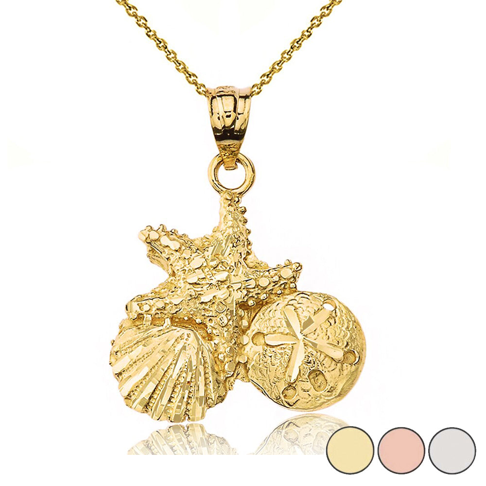 Sparkle Cut Starfish Clam and Sand Dollar Pendant Necklace in Gold