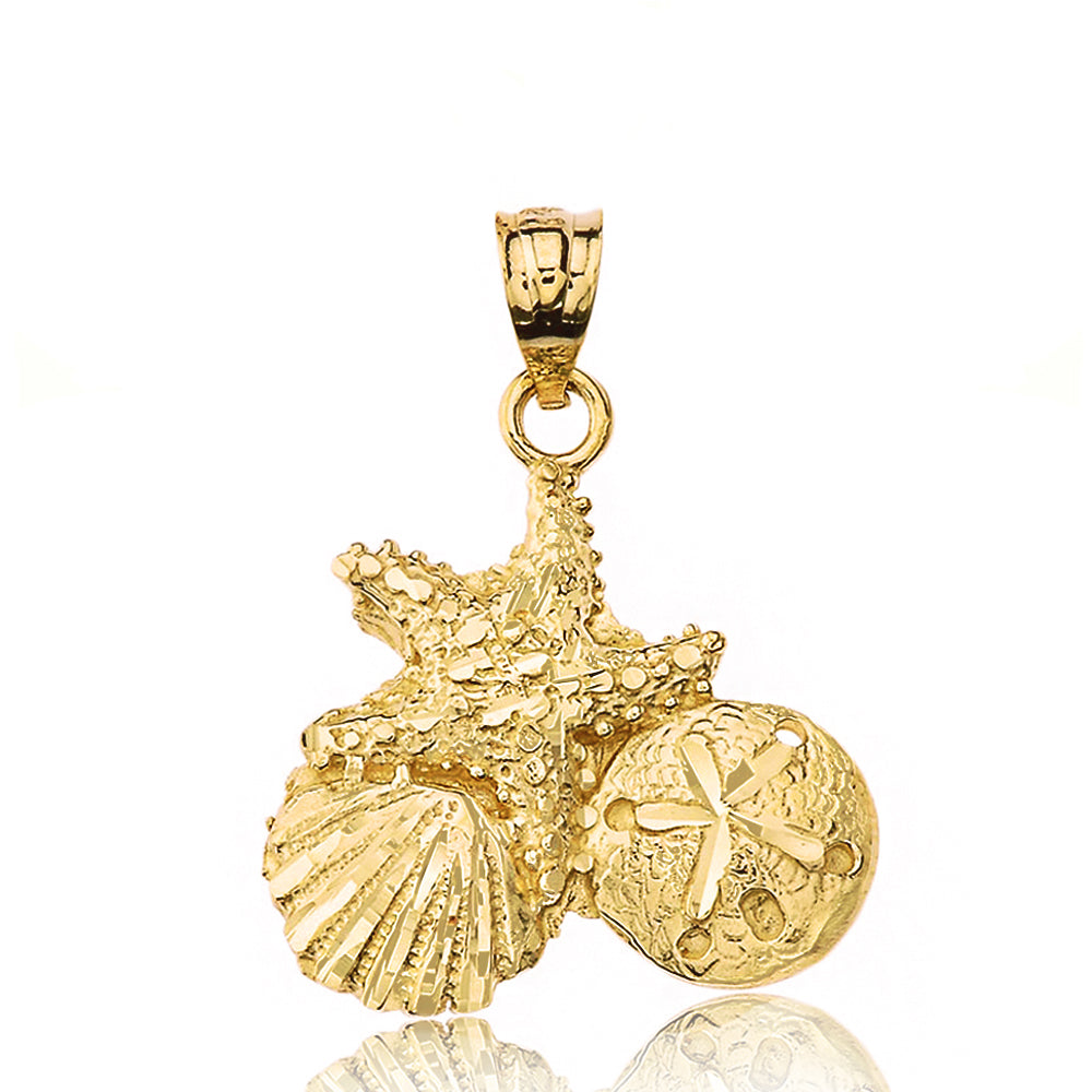 Sparkle Cut Starfish Clam and Sand Dollar Pendant Necklace in Gold, view 2