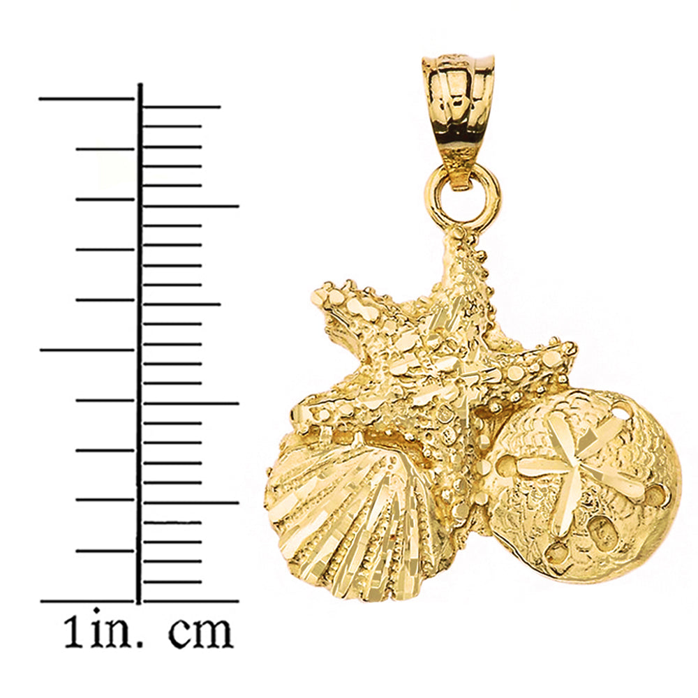 Sparkle Cut Starfish Clam and Sand Dollar Pendant Necklace in Gold, view 3