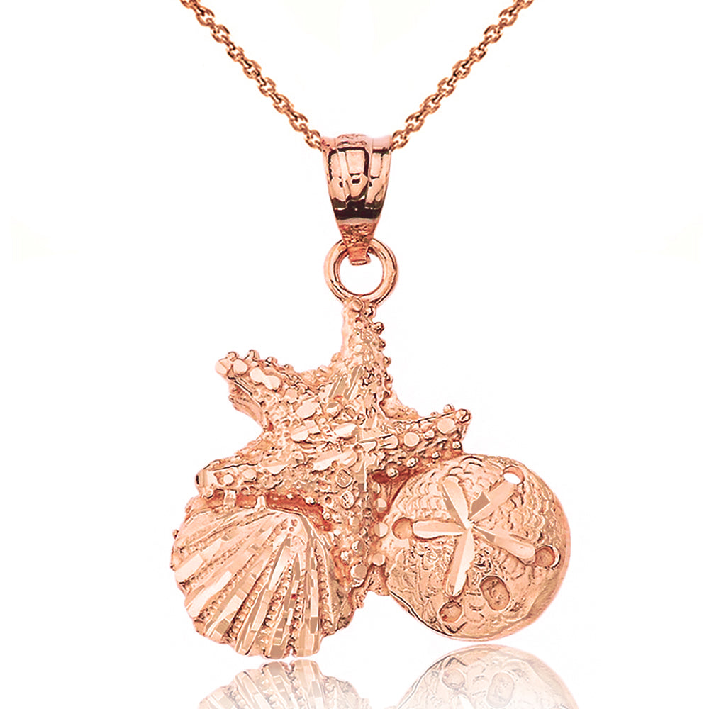 Sparkle Cut Starfish Clam and Sand Dollar Pendant Necklace in Gold, view 4