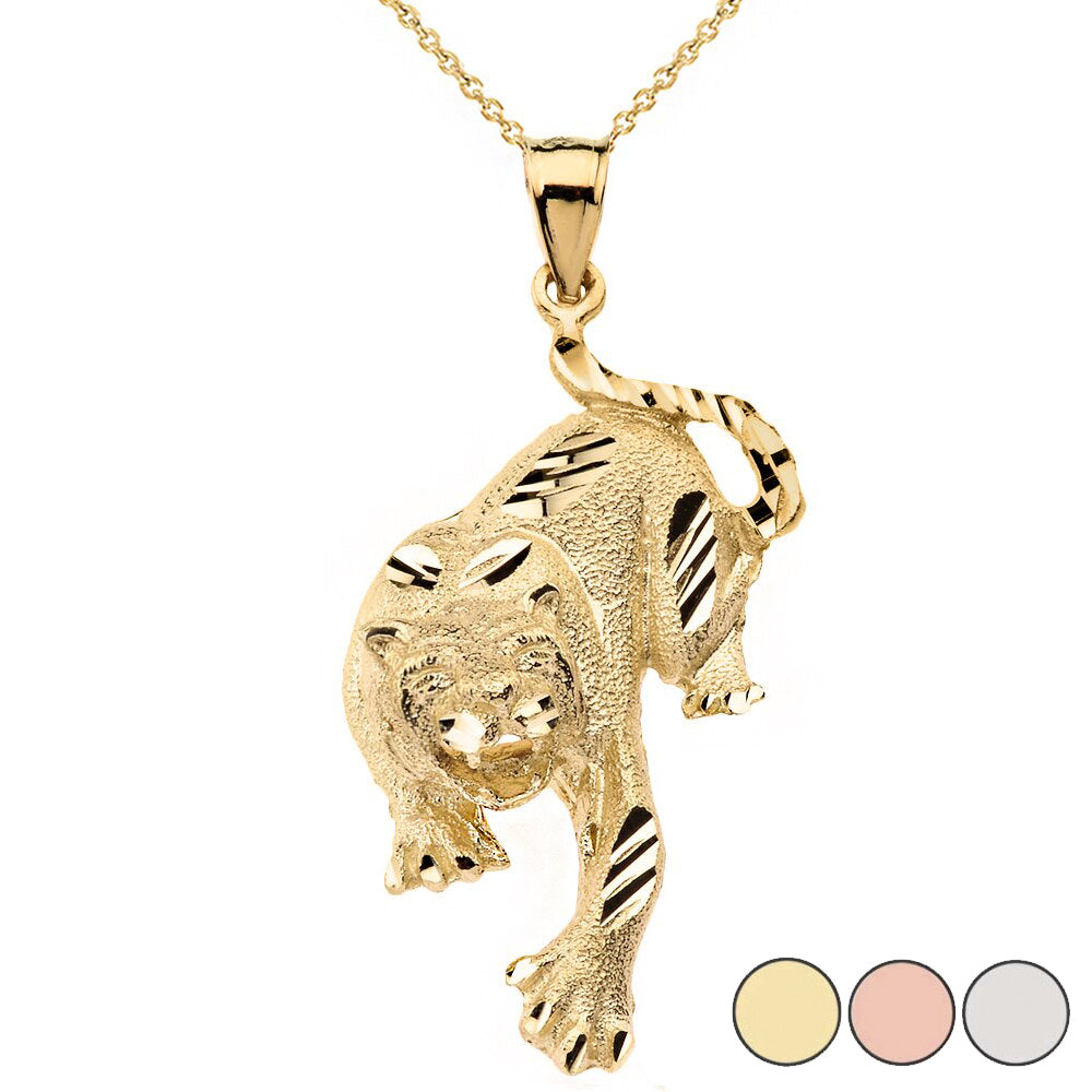 Sparkle Cut Tiger Pendant Necklace in Solid Gold