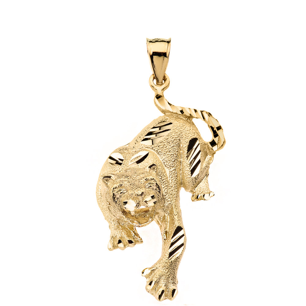 Sparkle Cut Tiger Pendant Necklace in Solid Gold, view 2