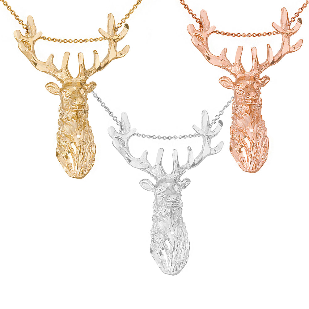Stag Deer Head Pendant Necklace in Gold