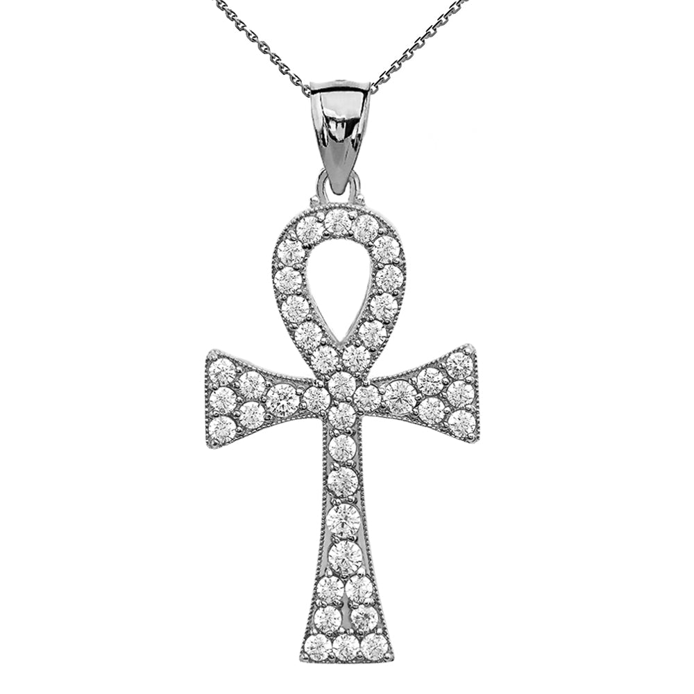 Sterling Silver 1.5 Carat CZ Egyptian Ankh Cross Pendant Necklace