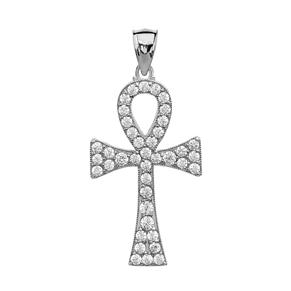 Sterling Silver 1.5 Carat CZ Egyptian Ankh Cross Pendant Necklace, view 2