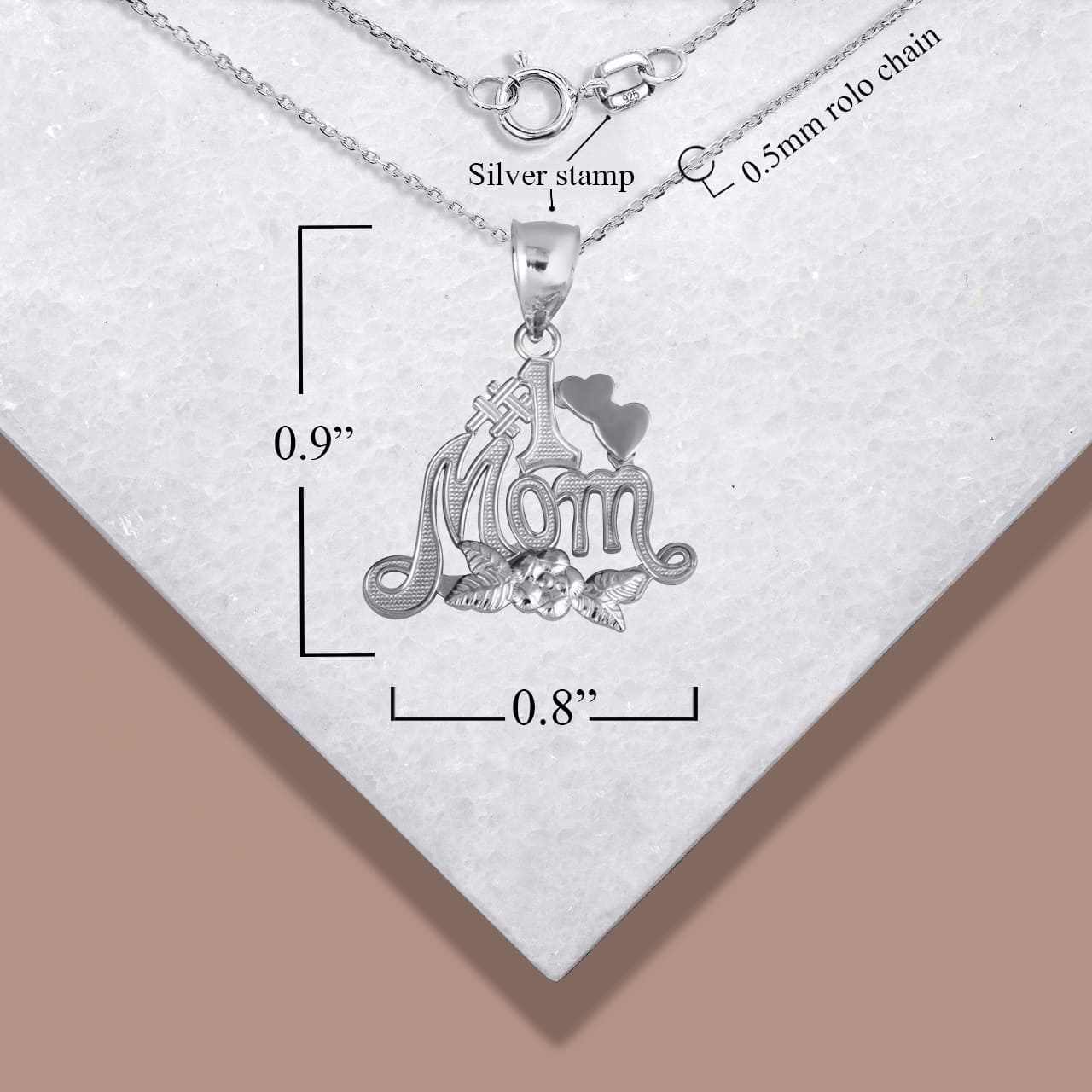 Sterling Silver #1 Mom Heart Rose Flower Pendant Necklace, view 3