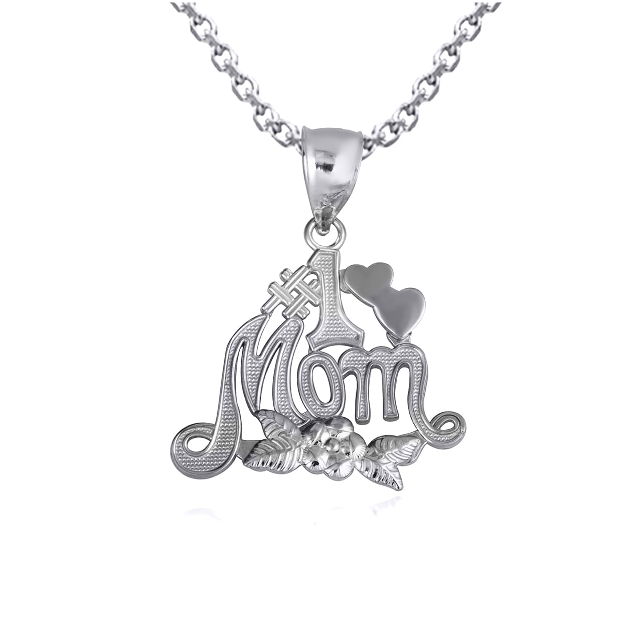 Sterling Silver #1 Mom Heart Rose Flower Pendant Necklace, view 4