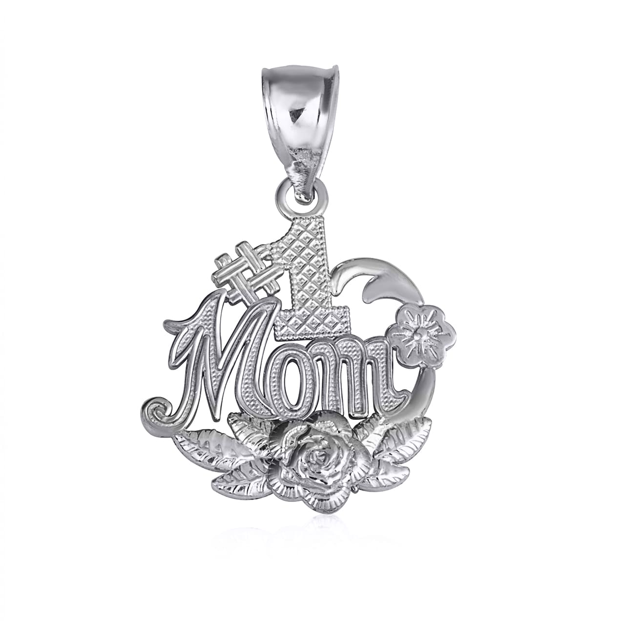 Sterling Silver #1 Mom Rose Flower Pendant Necklace
