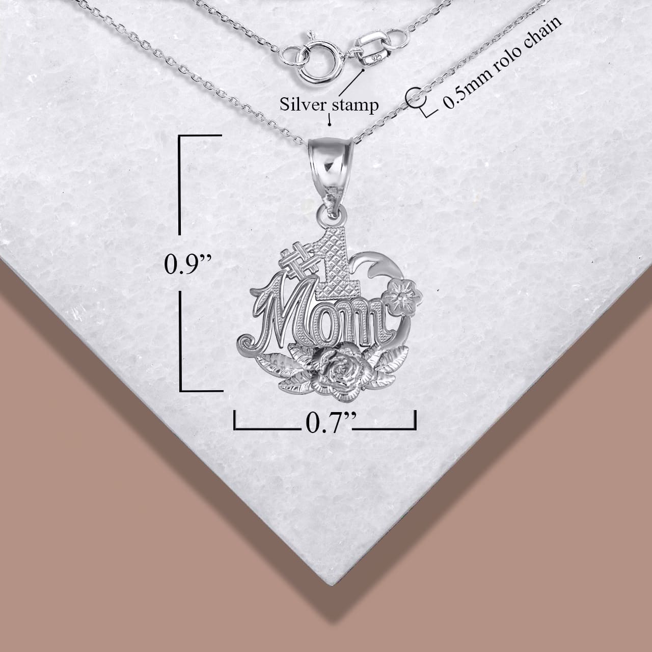Sterling Silver #1 Mom Rose Flower Pendant Necklace, view 3