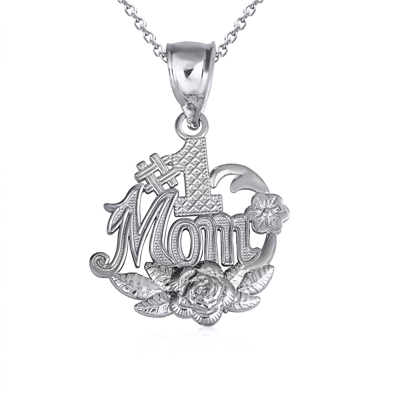 Sterling Silver #1 Mom Rose Flower Pendant Necklace, view 4