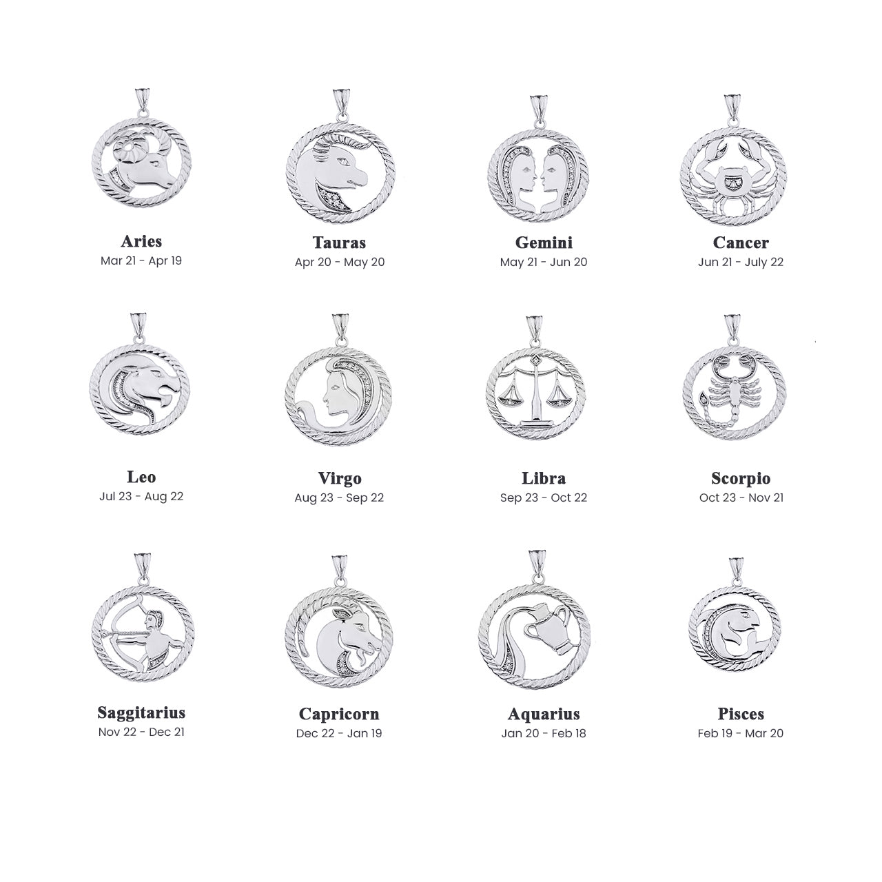 Sterling Silver 12 Astrological Diamond Zodiac in Rope Pendant Necklace, view 4