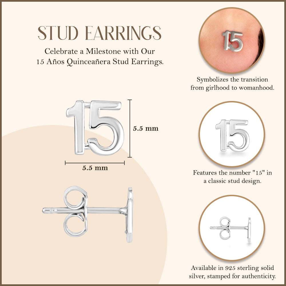 Sterling Silver 15 Años Quinceañera Stud Earrings, view 3