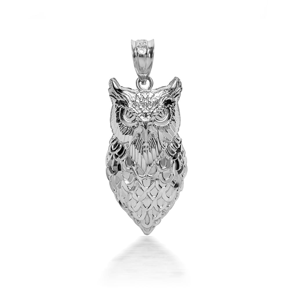 Sterling Silver 3D Diamond Cut Owl Caged Back Pendant Necklace