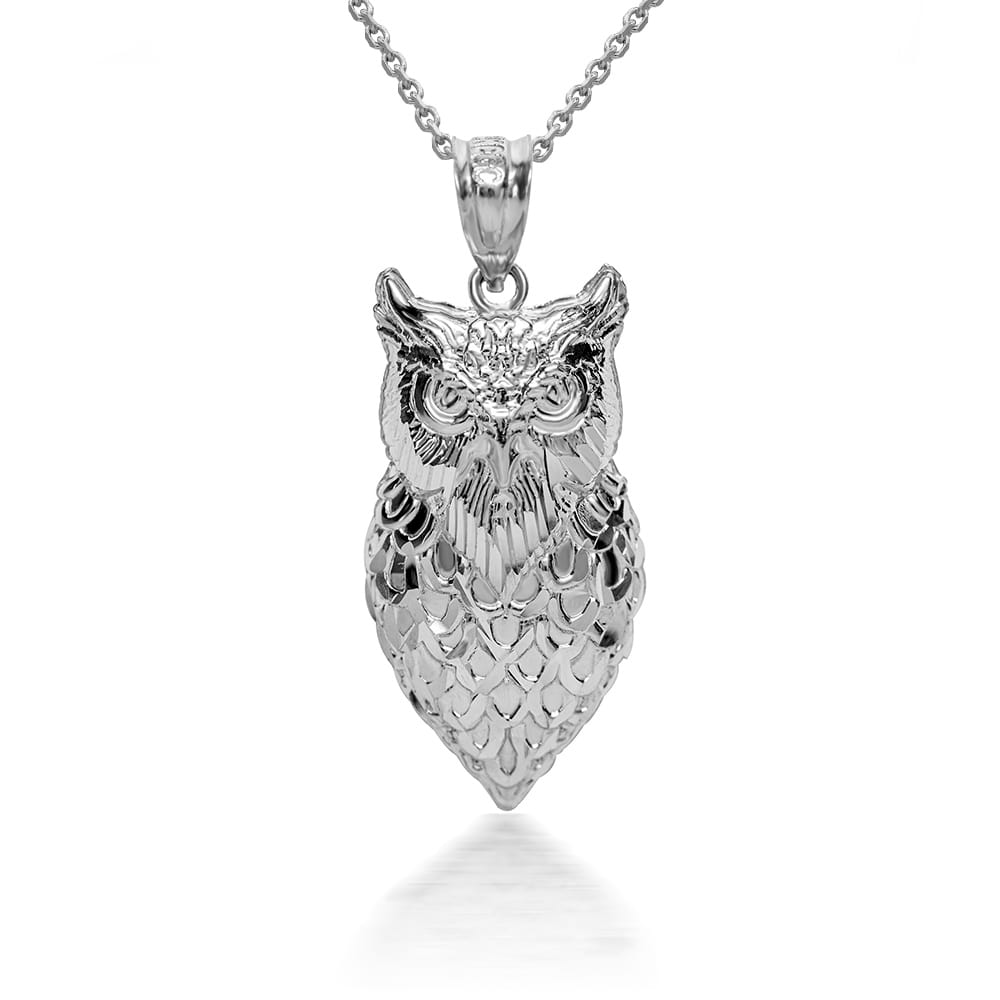 Sterling Silver 3D Diamond Cut Owl Caged Back Pendant Necklace, view 2