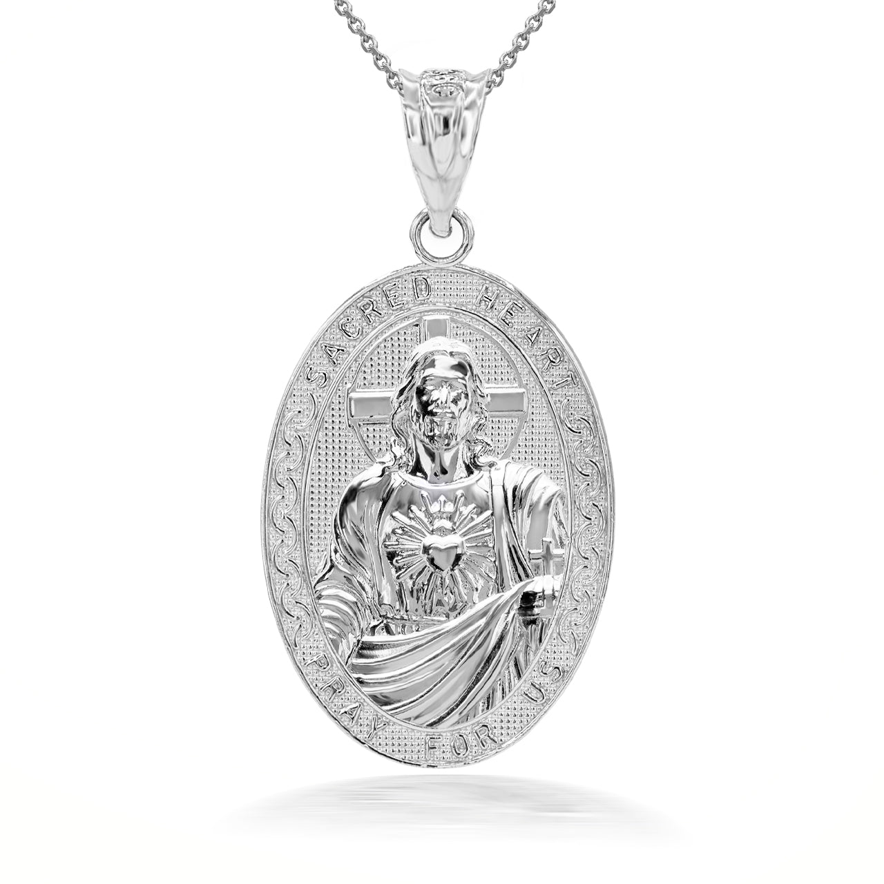 Sterling Silver 3D Jesus Christ Sacred Heart Narrow Oval Pendant Necklace, view 2