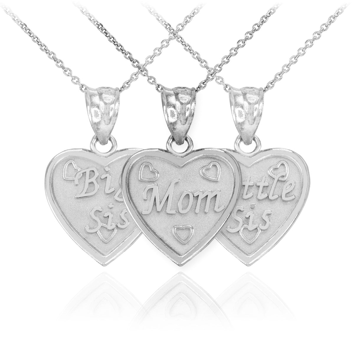 Sterling Silver 3pc 'Mom' 'Big Sis' 'Little Sis' Heart Pendant Necklace Set, view 2