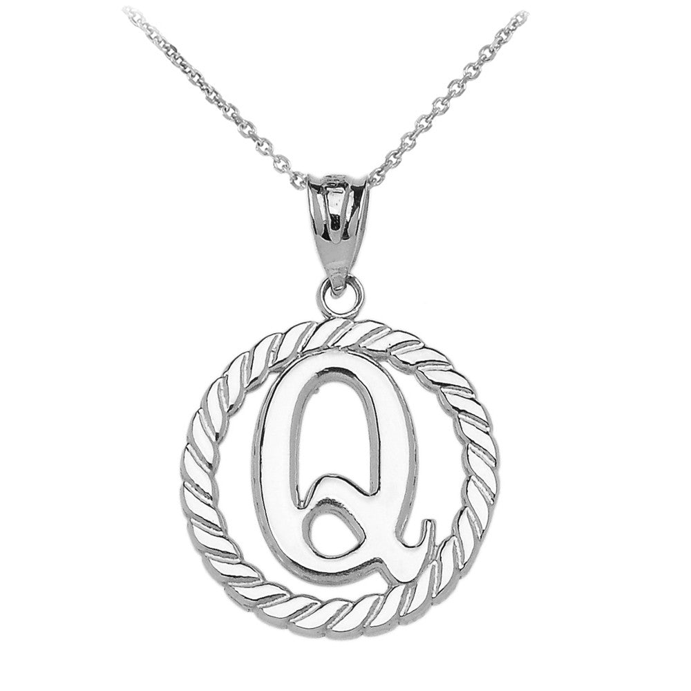 Sterling Silver "A-Z" Initial In Rope Circle Pendant Necklace, view 16