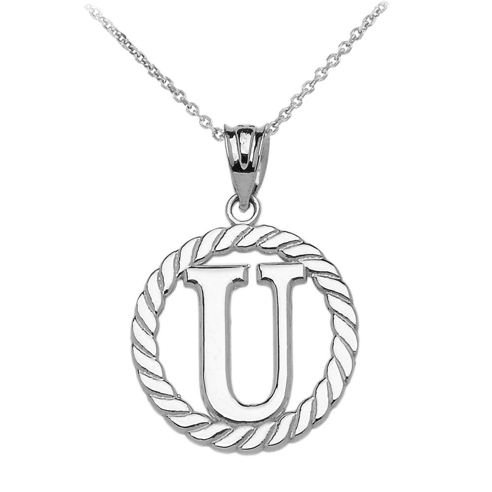 Sterling Silver "A-Z" Initial In Rope Circle Pendant Necklace, view 19