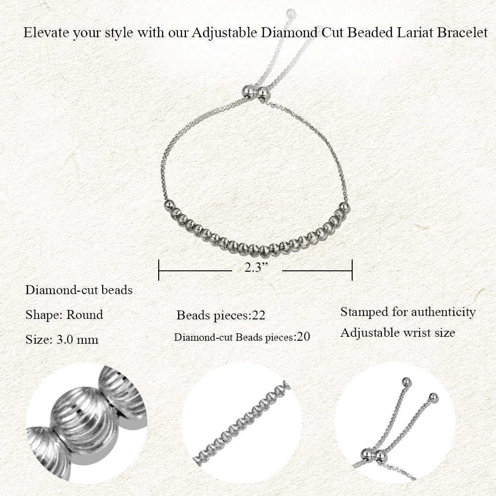 Sterling Silver Adjustable Diamond Cut Beaded Lariat Bracelet, view 5