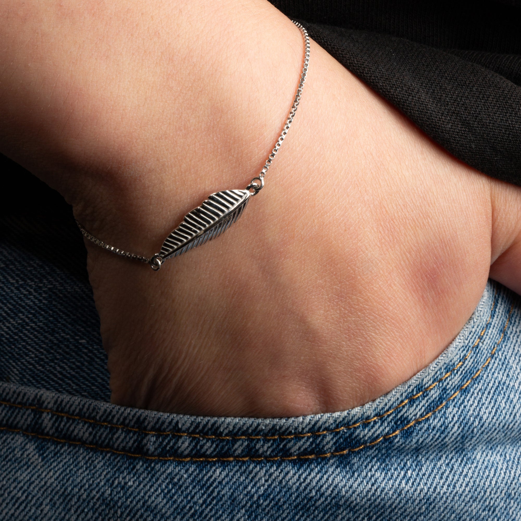 Sterling Silver Adjustable Feather Leaf Beaded Lariat Bracelet, view 2