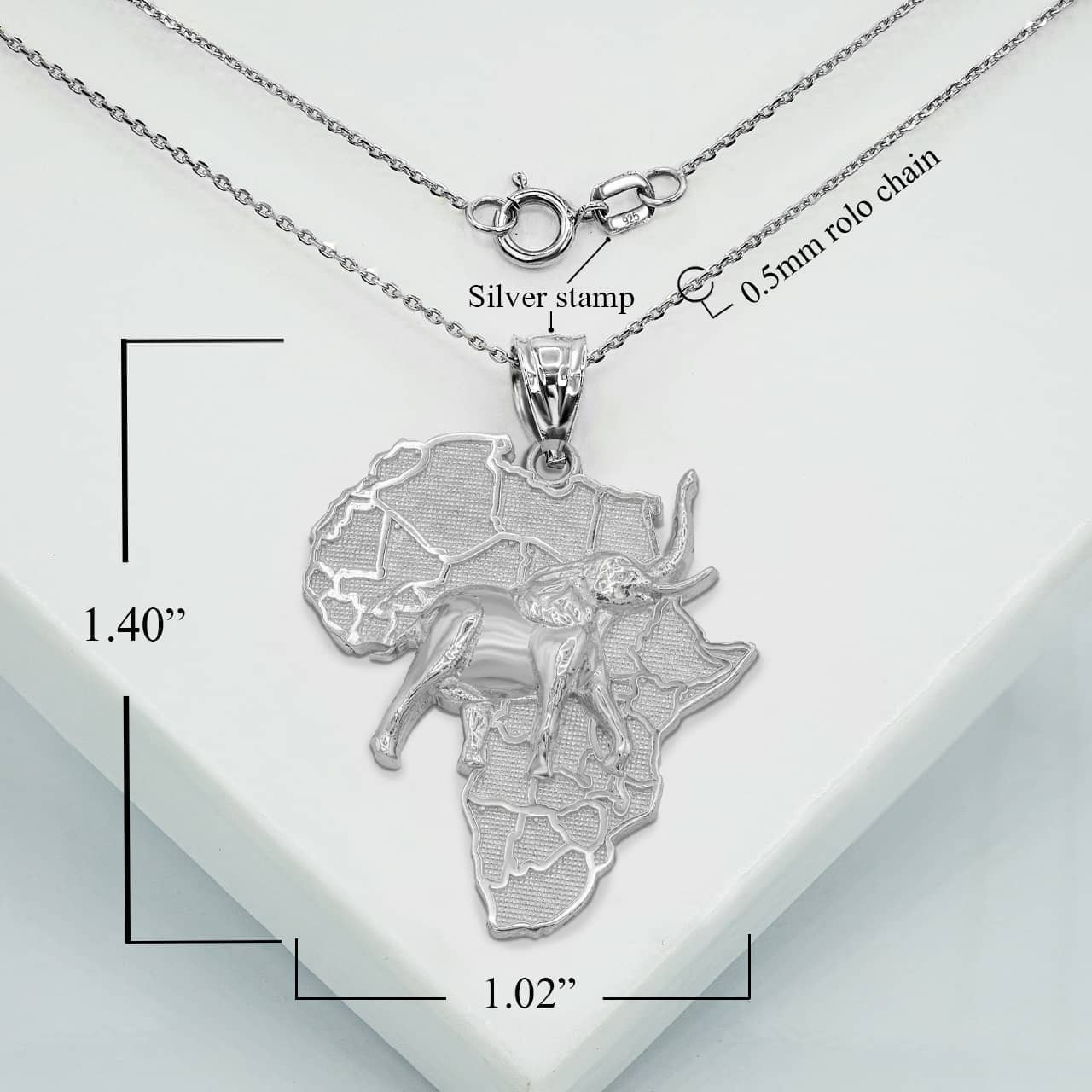 Sterling Silver Africa Map Elephant Pendant Necklace, view 3