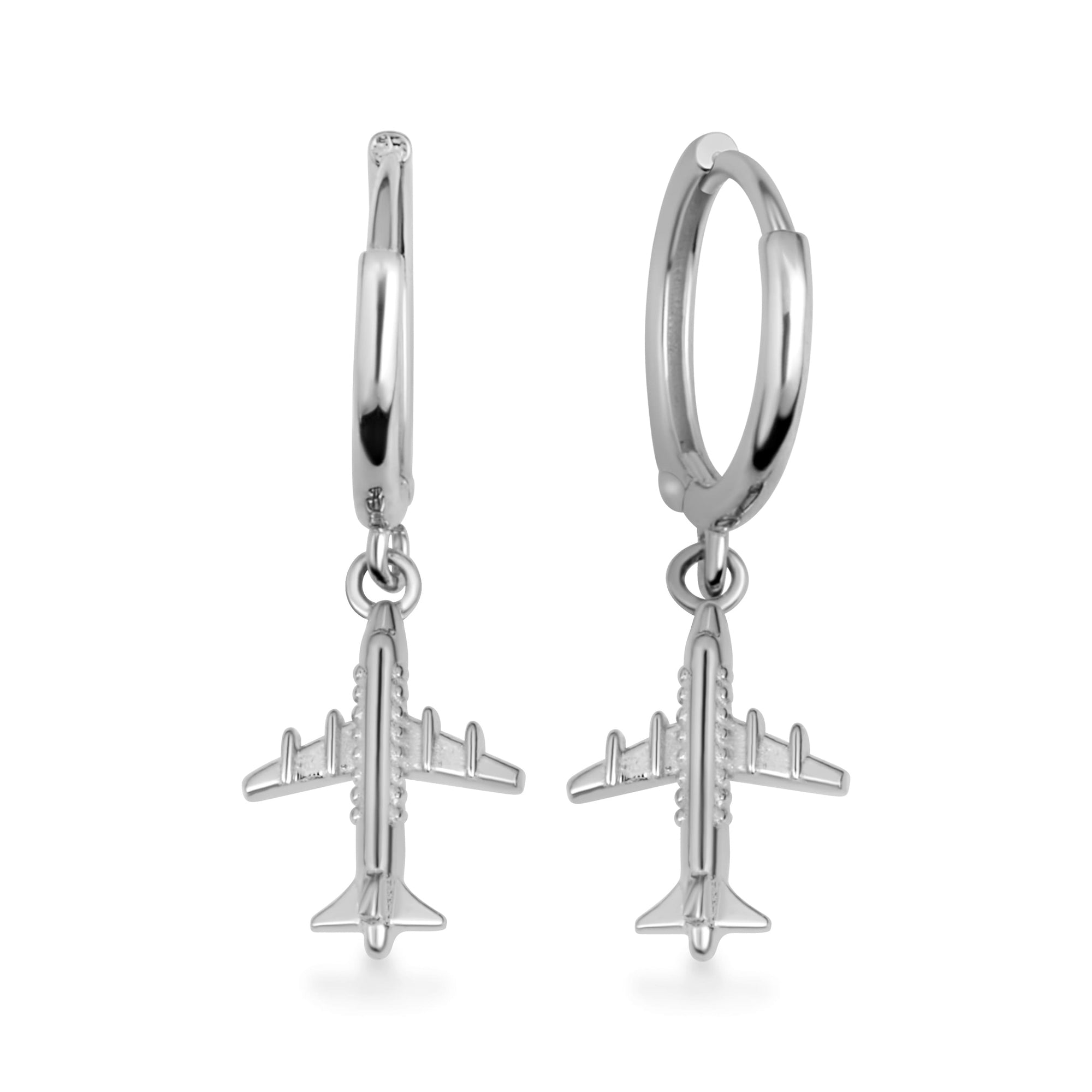Sterling Silver Airplane Travel Drop Huggie Hoop Earrings