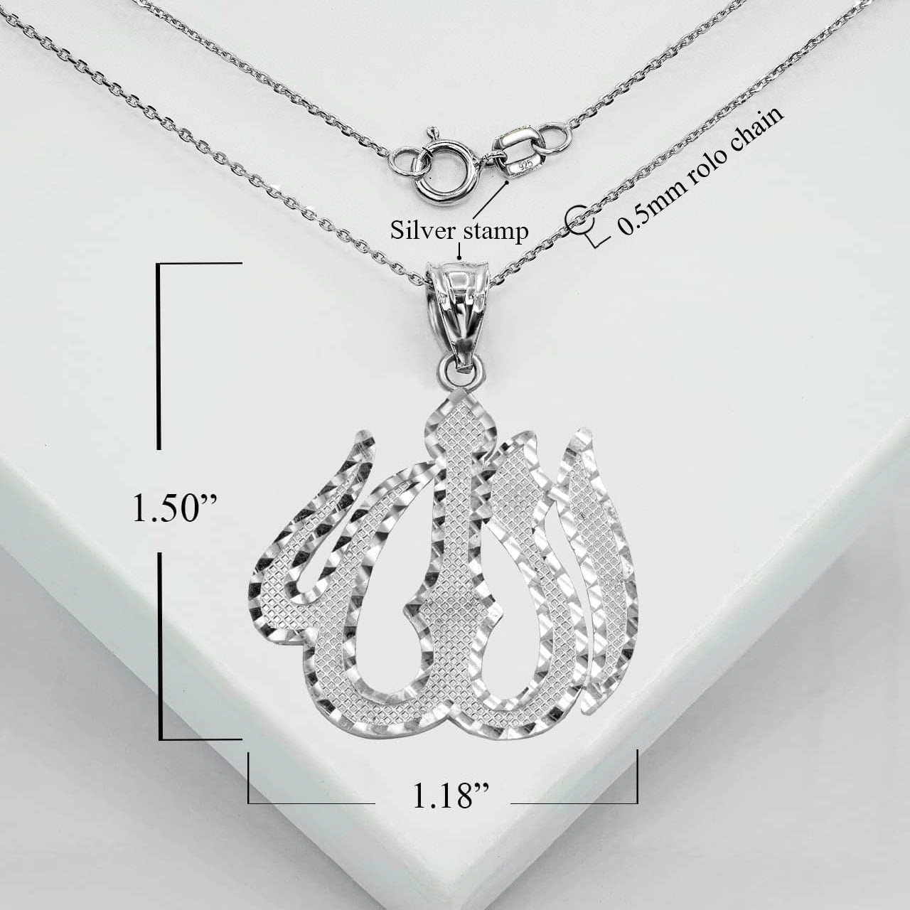 Sterling Silver Allah Arabic Script Diamond Cut Pendant Necklace, view 2
