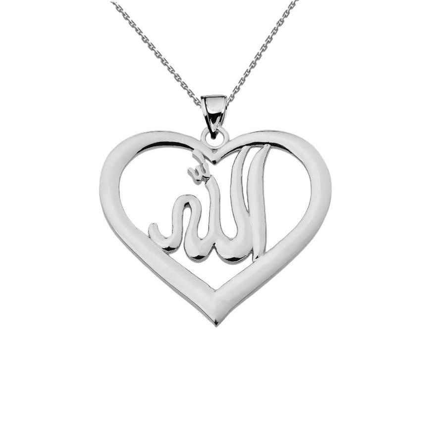 Sterling Silver Allah in Open Heart Pendant Necklace
