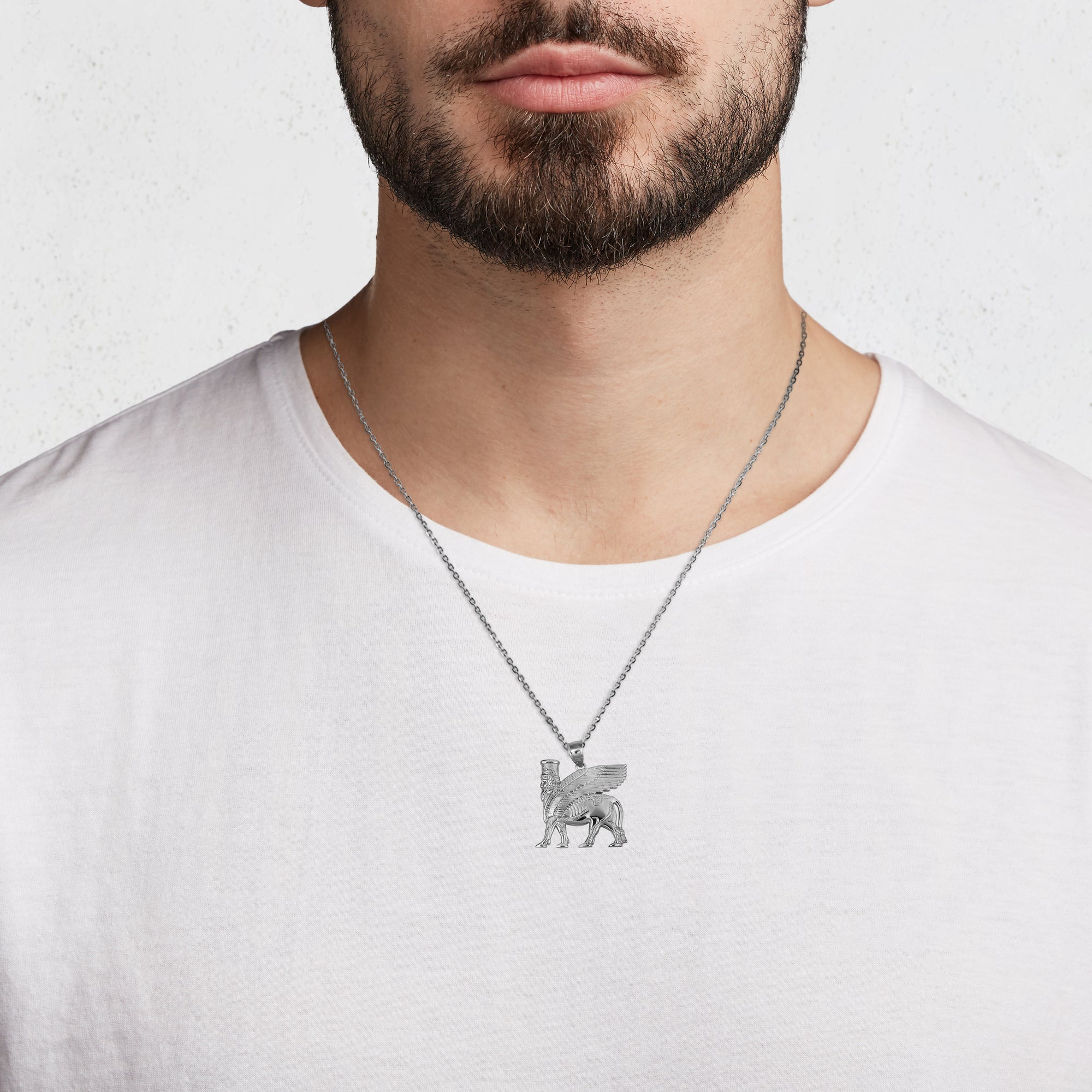 Sterling Silver Ancient Assyrian God Lamassu Winged Bull Pendant Necklace, view 2