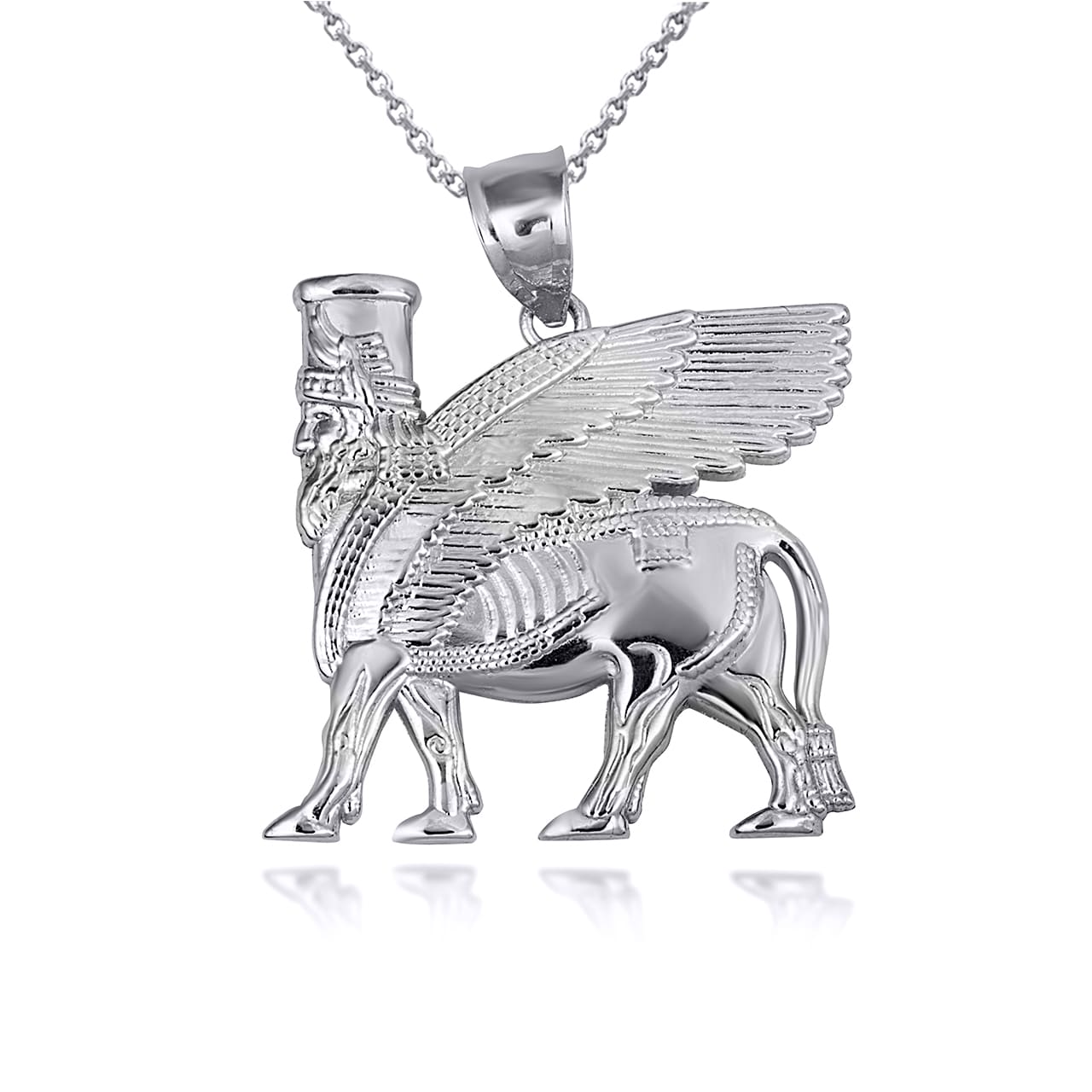 Sterling Silver Ancient Assyrian God Lamassu Winged Bull Pendant Necklace, view 4