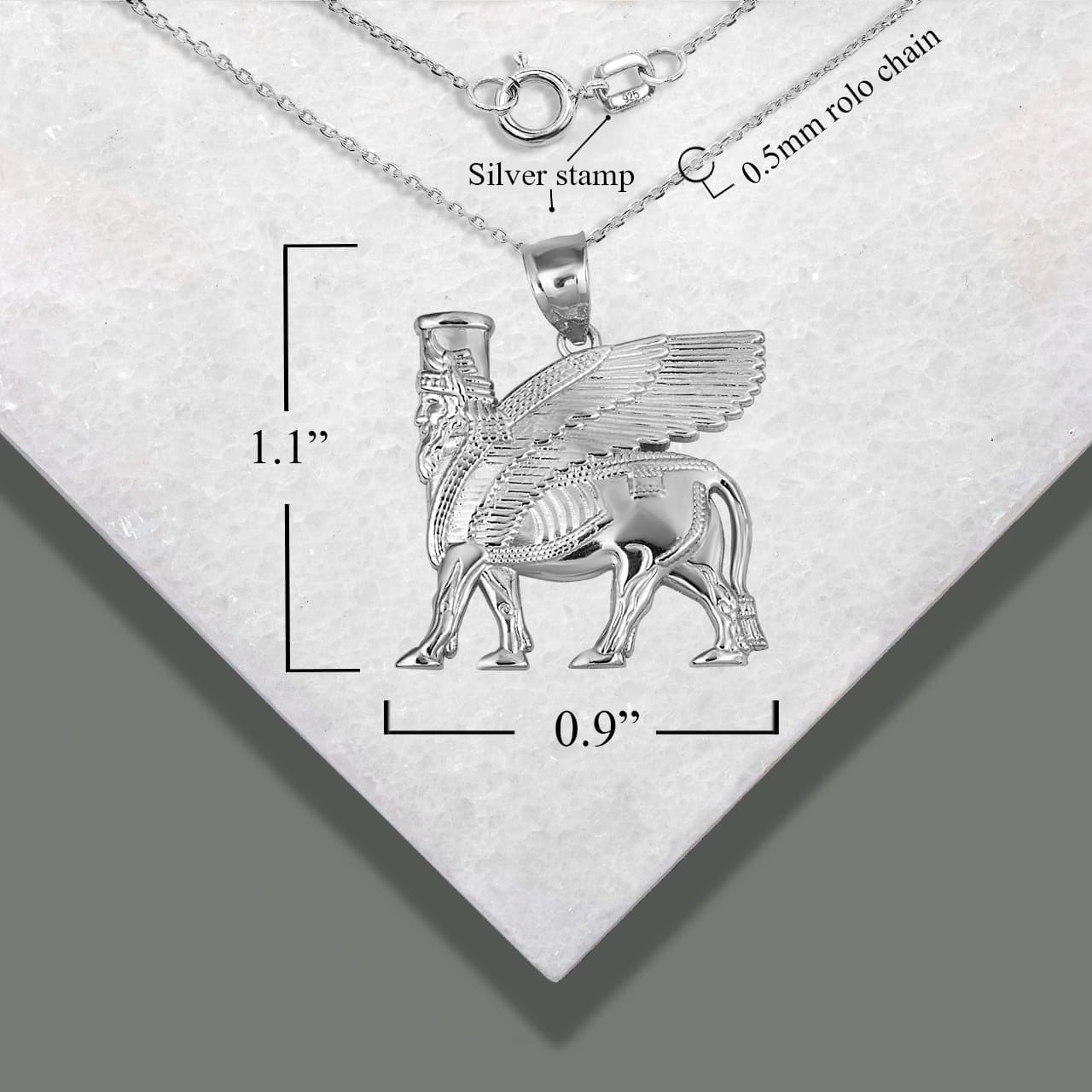 Sterling Silver Ancient Assyrian God Lamassu Winged Bull Pendant Necklace, view 5