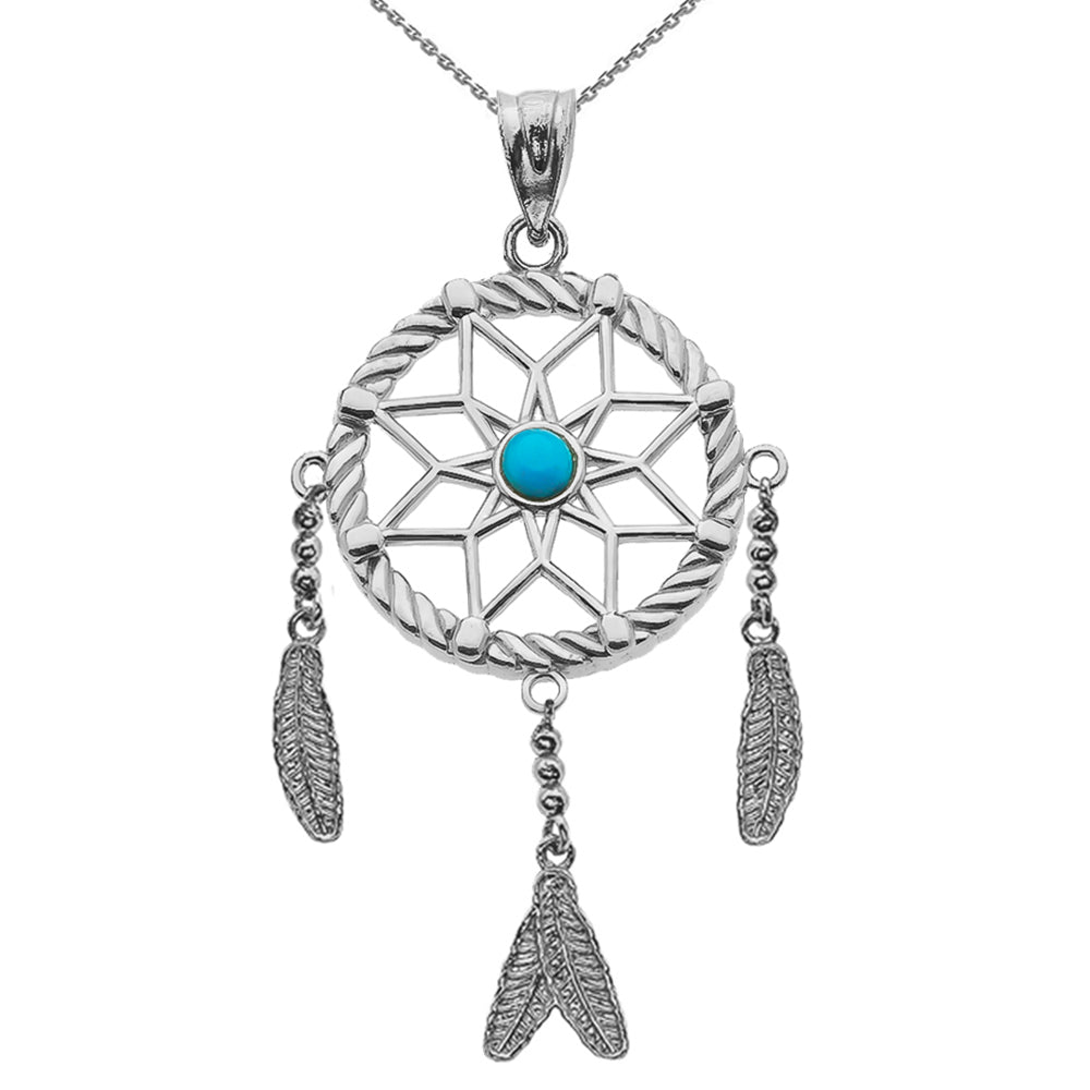 Sterling Silver And Turquoise Flower Dream Catcher Pendant Necklace