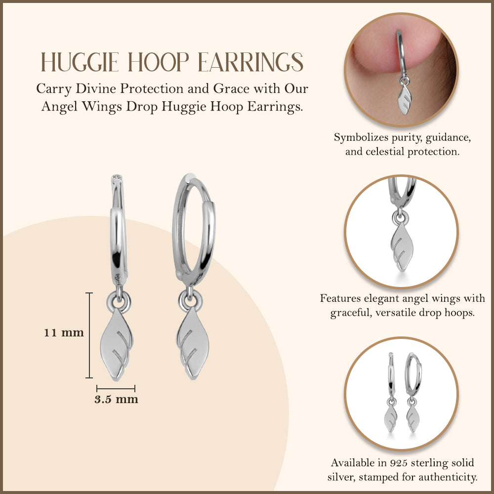 Sterling Silver Angel Wings Drop Huggie Hoop Earrings, view 3