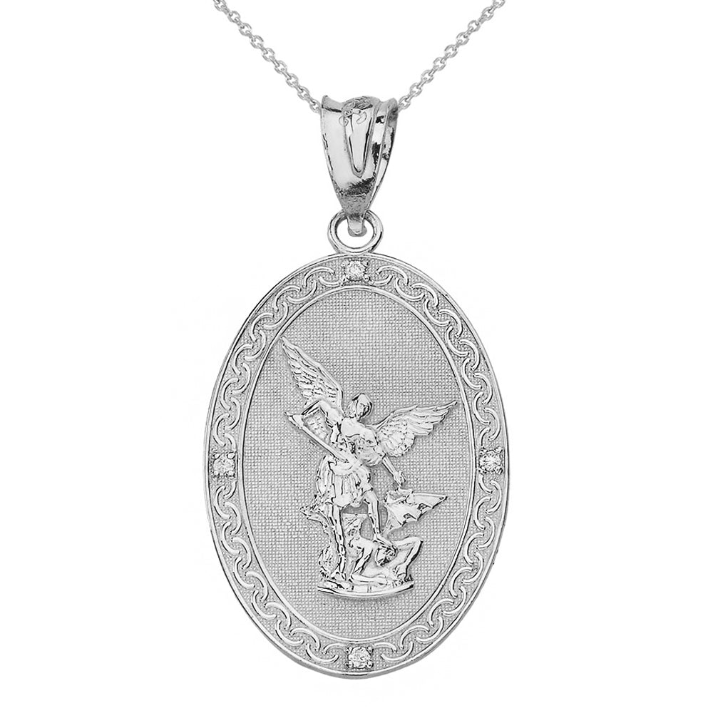 Sterling Silver Archangel Michael Oval Medallion CZ Prayer Pendant Necklace (Large)