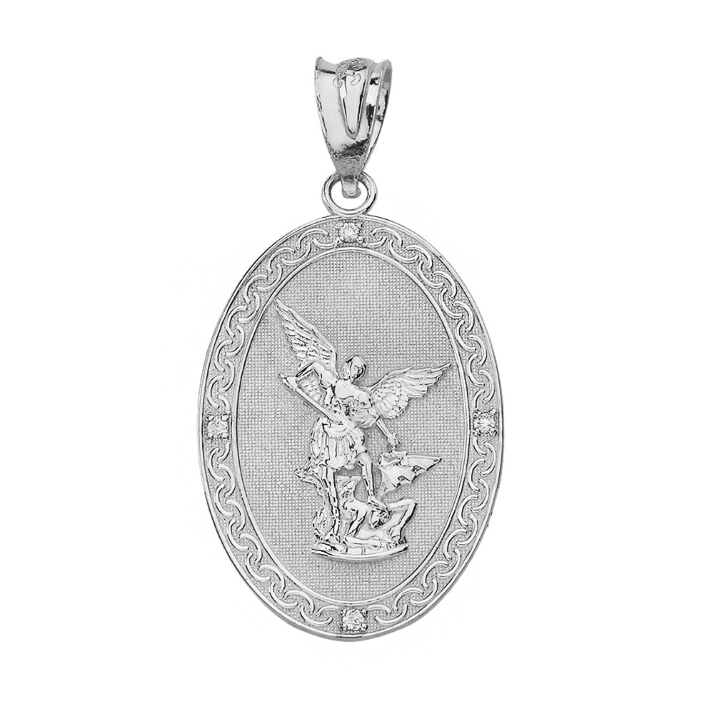Sterling Silver Archangel Michael Oval Medallion CZ Prayer Pendant Necklace (Large), view 2