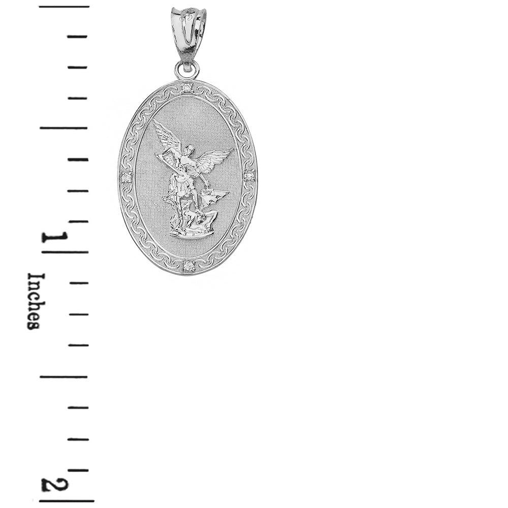 Sterling Silver Archangel Michael Oval Medallion CZ Prayer Pendant Necklace (Large), view 3