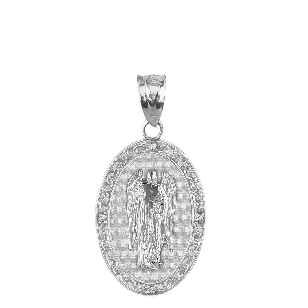 Sterling Silver Archangel Saint Gabriel CZ Oval Engravable Medallion Pendant Necklace 1.02" (25 mm), view 2