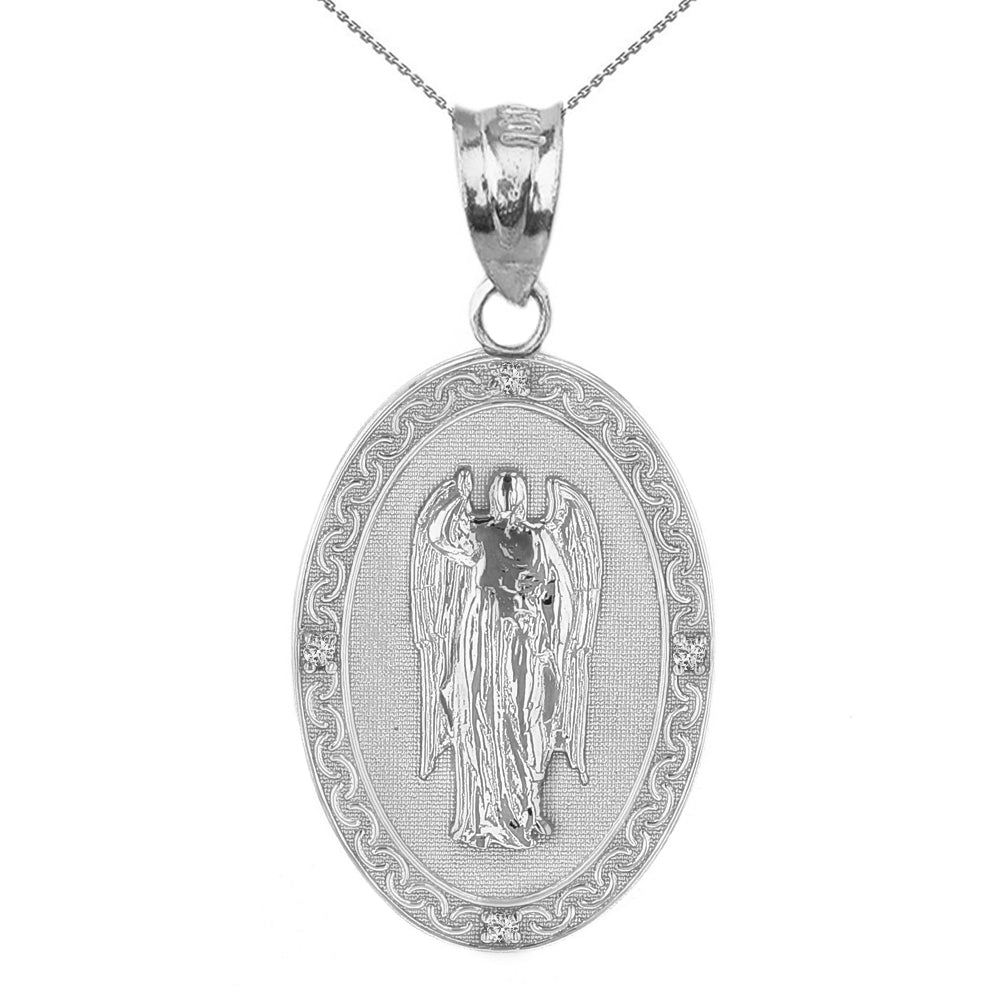 Sterling Silver Archangel Saint Gabriel CZ Oval Medallion Pendant Necklace 1.19" (30 mm)