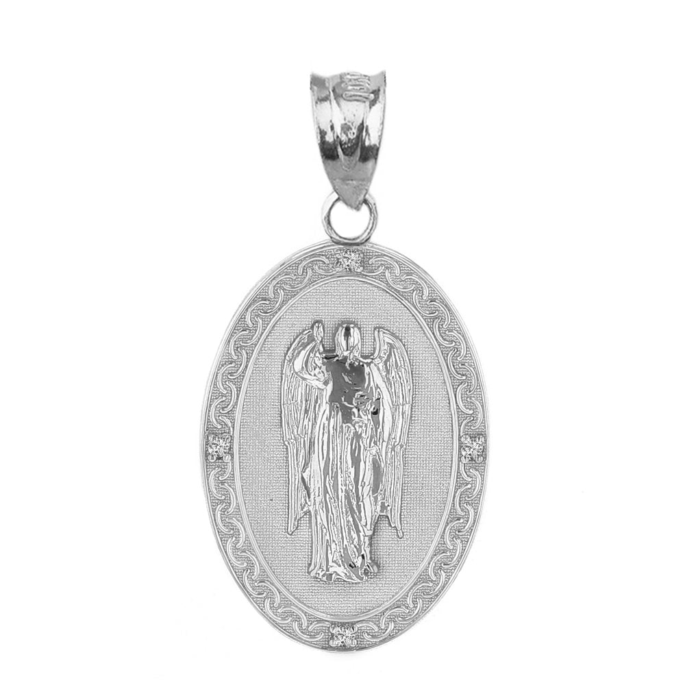 Sterling Silver Archangel Saint Gabriel CZ Oval Medallion Pendant Necklace 1.19" (30 mm), view 5