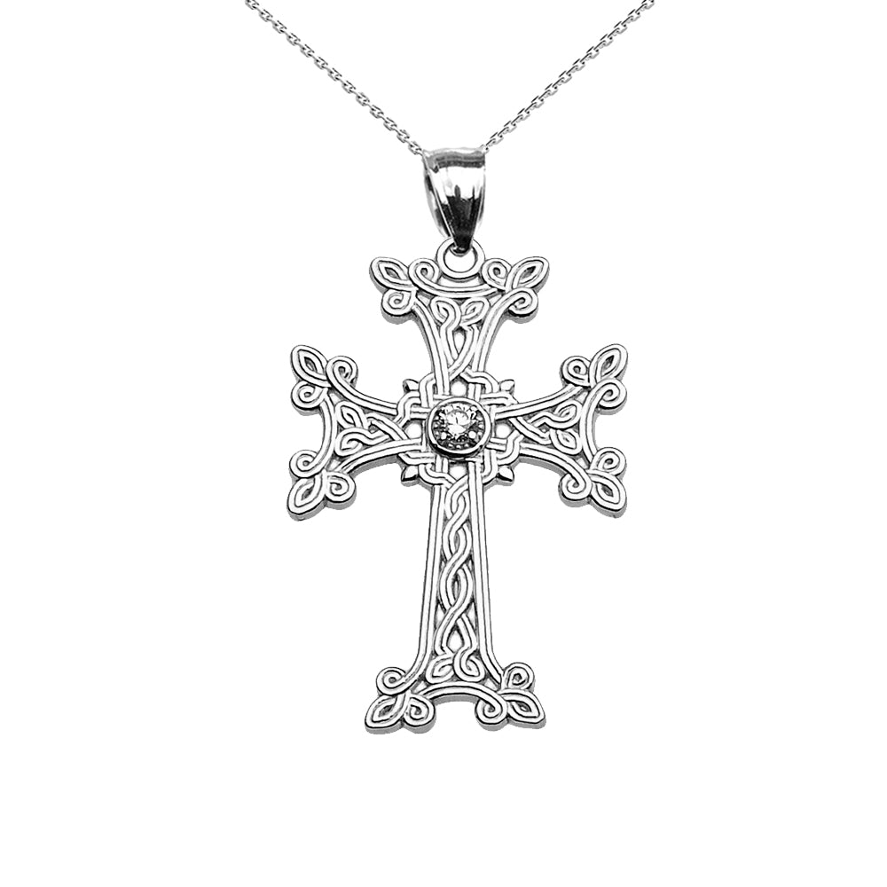 Sterling Silver Armenian Cross Solitaire Diamond Religious Pendant Necklace
