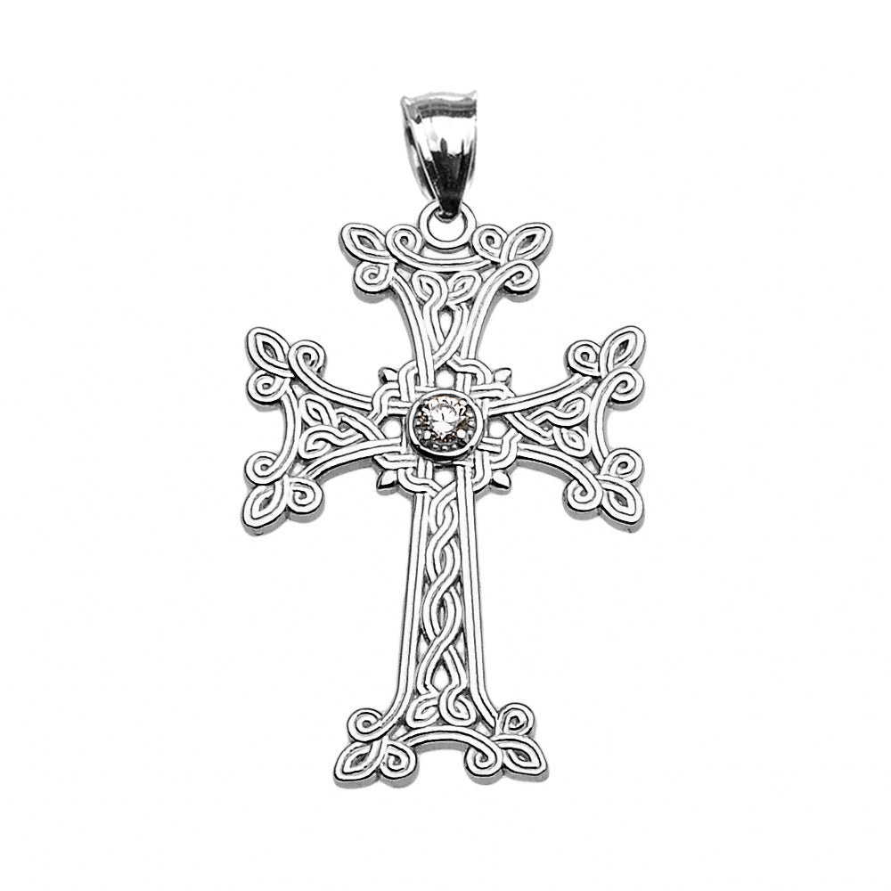 Sterling Silver Armenian Cross Solitaire Diamond Religious Pendant Necklace, view 2