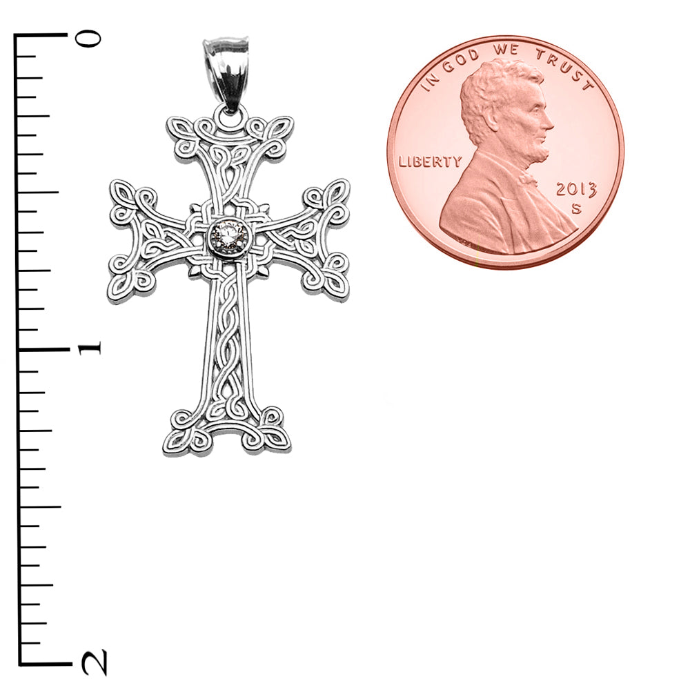 Sterling Silver Armenian Cross Solitaire Diamond Religious Pendant Necklace, view 3