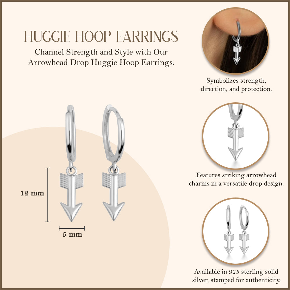 Sterling Silver Arrowhead Drop Huggie Hoop Earrings, view 3