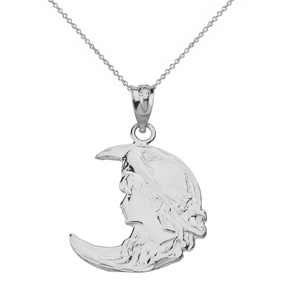 Sterling Silver Art Nouveau Lady in Crescent Moon Pendant Necklace