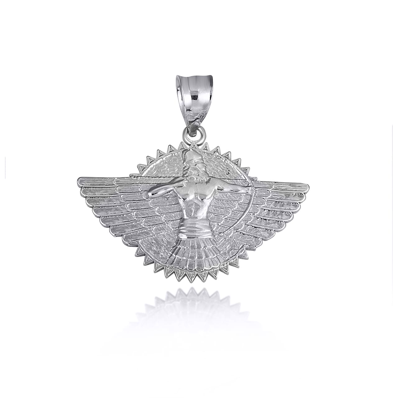 Sterling Silver Assyrian God Ashur Winged Sun Disc Pendant Necklace