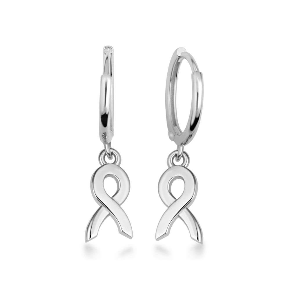 Sterling Silver Awareness Ribbon Drop Huggie Hoop Earrings